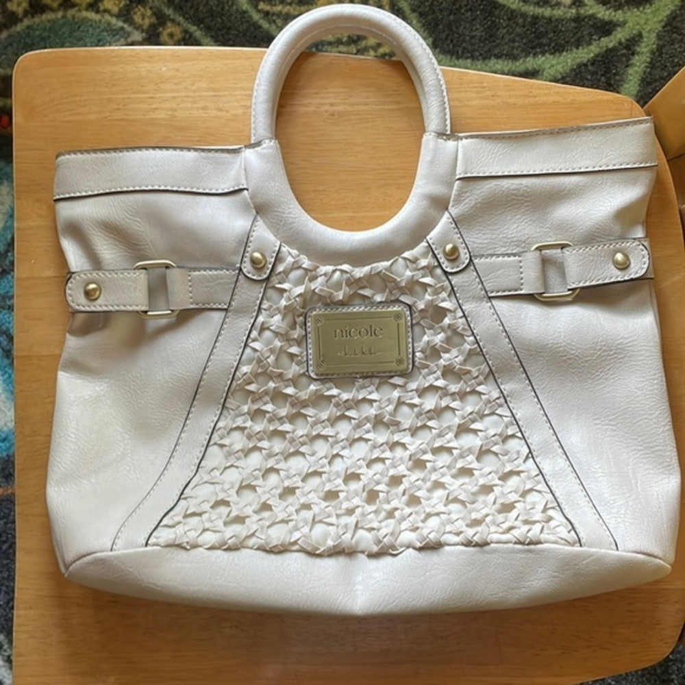Nicole by Nicole Miller Ivory Top Handle‎ Handbag Purse Woven Detail